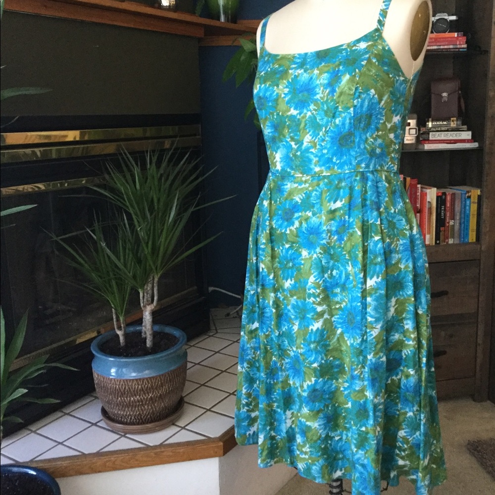Talbots Blue Green Vintage Floral Print Dress 14